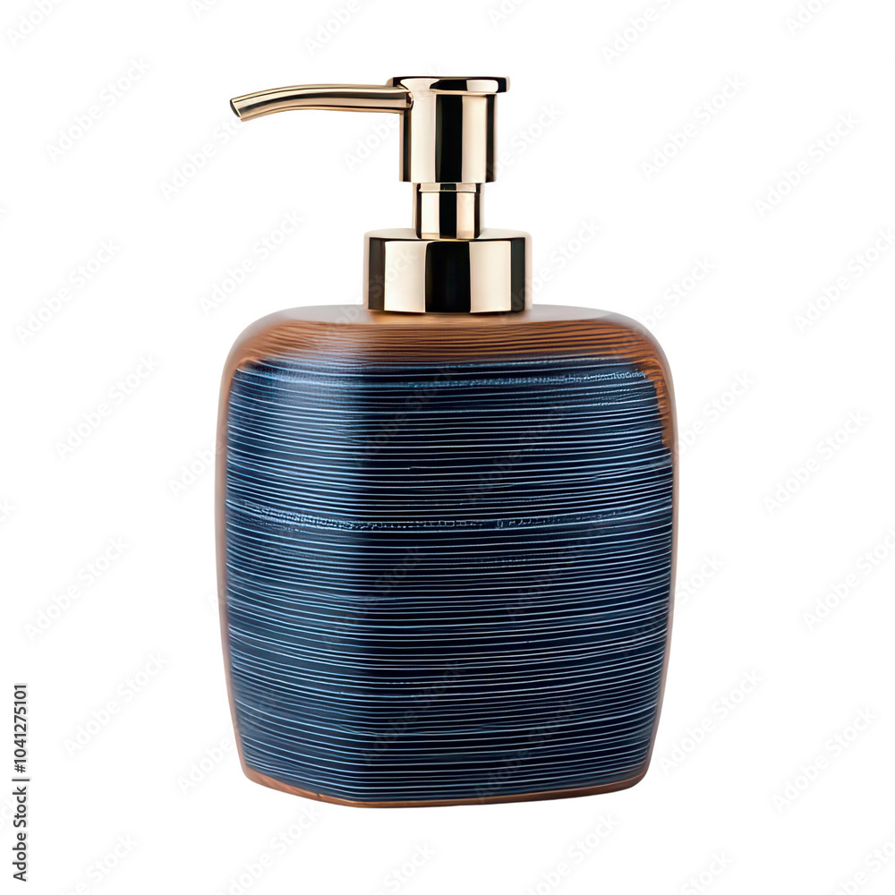 Obraz premium Elegant soap dispenser with a sleek design and dark blue texture on a white background. transparent
