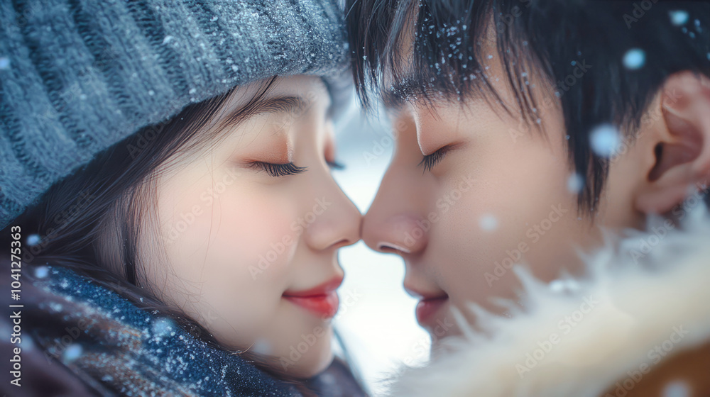 Obraz premium Tender moment between a young Asian couple kissing in a winter park, surrounded by soft snowflakes and warm emotions