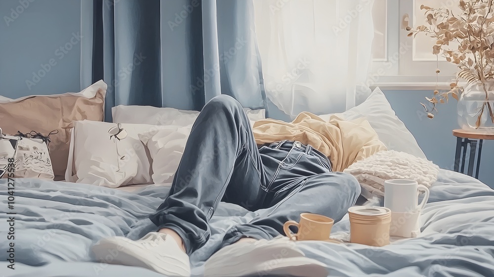 Photograph of Neatly Arranged Sleek Black Pants with a Modern Cut Laid on a Bed in a Minimal Sophisticated Interior Setting Photograph of Neatly Arranged Sleek Black Pants with a Modern Cut Laid on a Bed in a Minimal Sophisticated Interior Setting