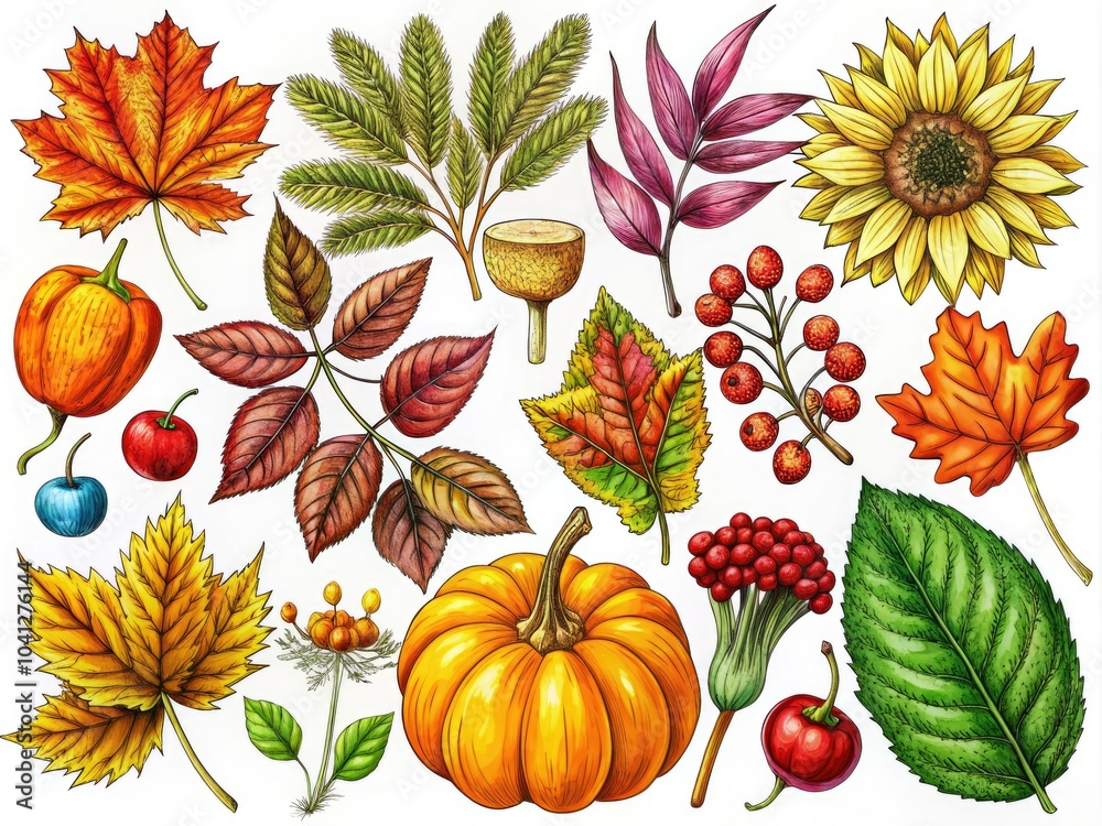 Obraz premium Explore a charming collection of hand-drawn autumn plant sketches, featuring harvest leaves and seasonal flowers that embody the warmth and beauty of the fall season.