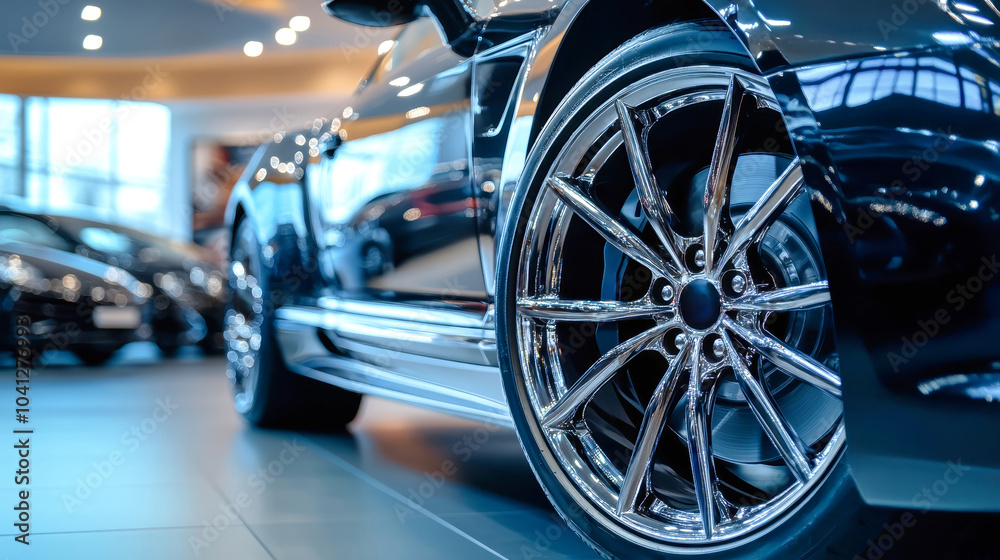 Close-up view of shiny black luxury car wheels in an upscale showroom showcasing modern automobiles for discerning customers Close-up view of shiny black luxury car wheels in an upscale showroom showcasing modern automobiles for discerning customers