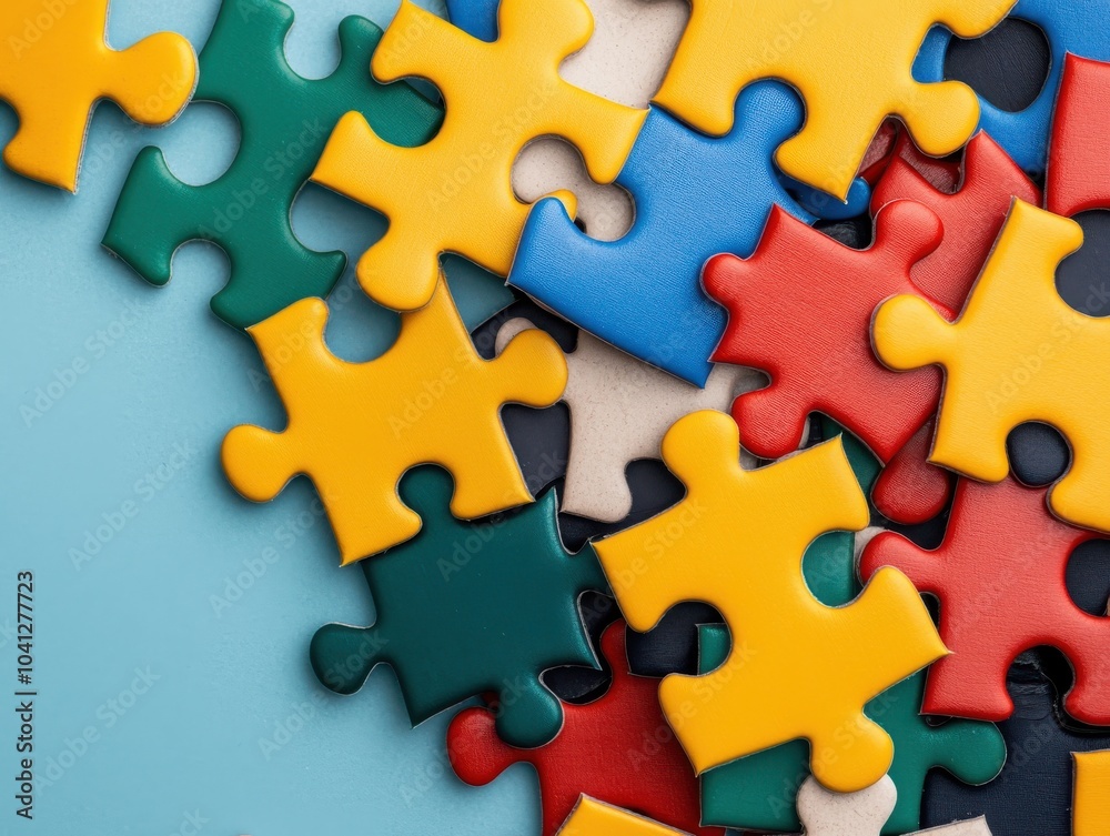 Fototapeta premium Colorful puzzle pieces scattered on a blue background, perfect for games and creativity.