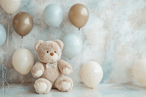 Plush teddy with balloons in calming blue background