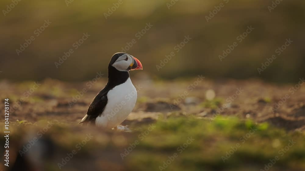 Close Up Puffin Walking on Skomer Island, Atlantic Puffins Walking on Ground in Beautiful Warm Golden Hour Light and Sunlight, Low Angle Shot of UK Birds and Birdlife in UK Wildlife Shot Close Up Puffin Walking on Skomer Island, Atlantic Puffins Walking on Ground in Beautiful Warm Golden Hour Light and Sunlight, Low Angle Shot of UK Birds and Birdlife in UK Wildlife Shot