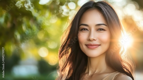 A smiling woman with flowing hair, illuminated by sunlight in a natural outdoor setting.