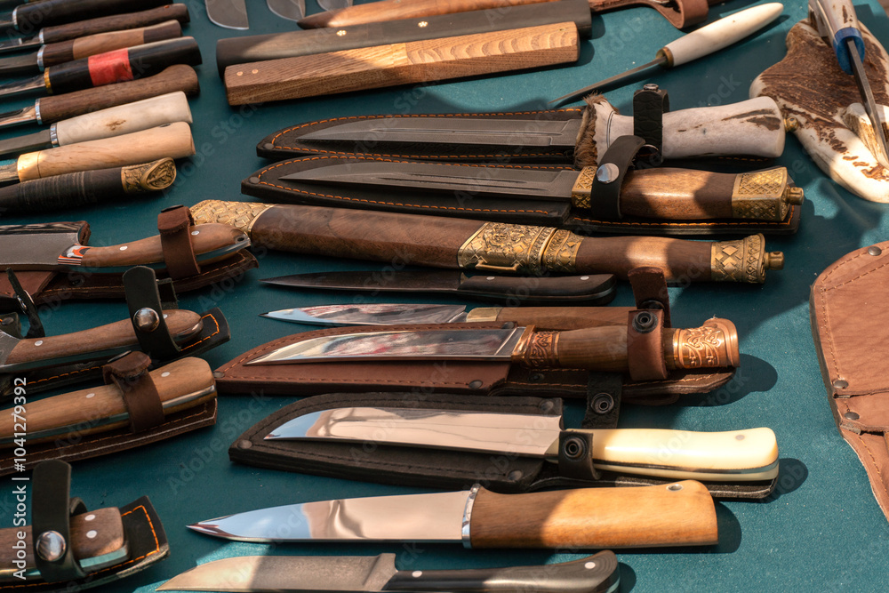 Knives on the counter of a craftsman. Sale of knives. A large selection of knives of different shapes and sizes.