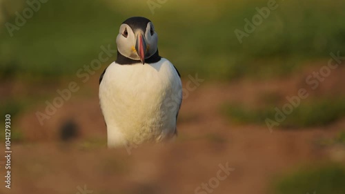 Low Angle Show of Puffin Walking, Slow Motion Atalantic Puffin Bird Behavior Walking on Ground on Skomer Island, UK Birds and Wildlife photo