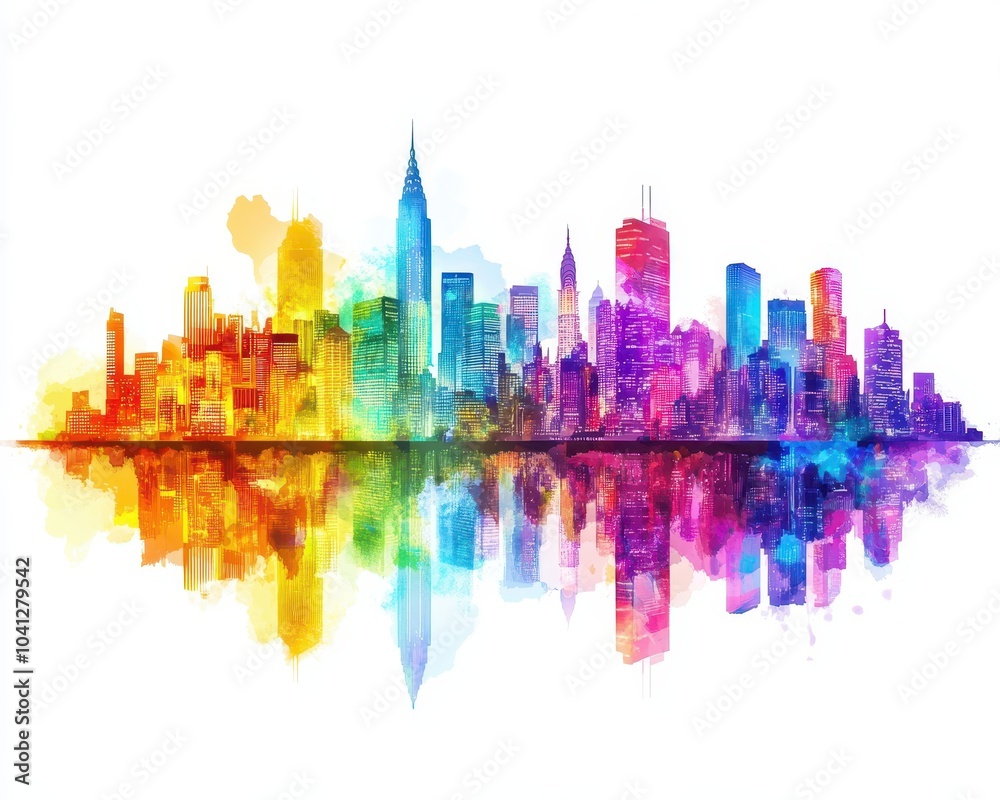 Fototapeta premium A vibrant city skyline with skyscrapers outlined in bright neon lights, colorful reflections in the water below, festival celebration
