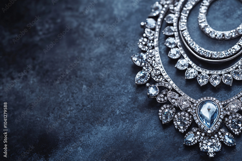 A luxurious silver necklace adorned with sparkling diamonds arranged in intricate patterns on a dark textured background showcasing elegance

