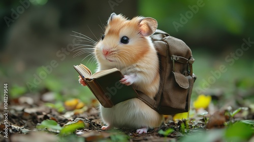 Chubby hamster with a tiny backpack, holding a math book, hamster school, adorable and curious