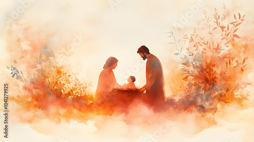 Wallpaper Mural A soft and tender watercolor of the infant Jesus in the manger, with Mary and Joseph depicted in delicate, fluid lines, surrounded by the gentle, warm tones of the stable Torontodigital.ca