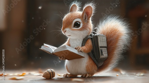 Cute squirrel with a backpack, holding a math book and a tiny acorn, squirrel at school, energetic and sweet