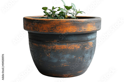 Grey wooden pot with plants isolated on transparent background, png file, no background png file photo