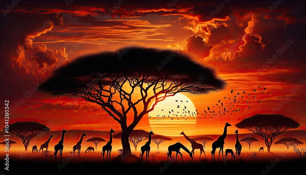 Naklejka premium Realistic Digital Artwork of Giraffes Silhouetted Against a Vibrant African Sunset, Featuring an Acacia Tree, Birds in Flight, and a Serene Savanna Landscape with Rich Warm Colors