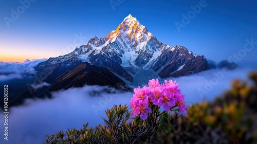 A photostock of a misty mountain range with purple hues at sunset. Nikon camera, 70-200mm lens, f/11 aperture, 1/125 shutter speed, focused on the mountain peaks photo