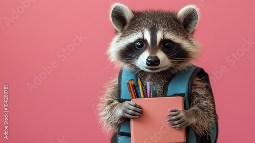 Little raccoon in a school vest, holding a lunchbox and art supplies, raccoon at school, creative and playful