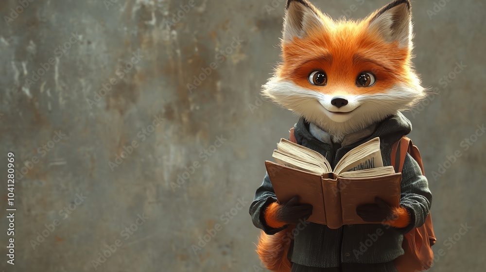 Obraz premium Playful fox with a school uniform, carrying a science book, fox at school, clever and curious