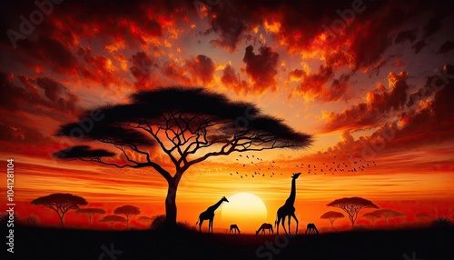 Realistic Digital Artwork of Giraffes Silhouetted Against a Vibrant African Sunset, Featuring an Acacia Tree, Birds in Flight, and a Serene Savanna Landscape with Rich Warm Colors