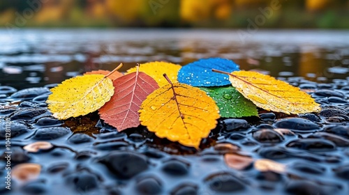 A photostock of a riverbank in autumn, with colorful leaves floating on the water. Nikon camera, 85mm lens, f/4 aperture, 1/160 shutter speed, focused on the floating leaves photo