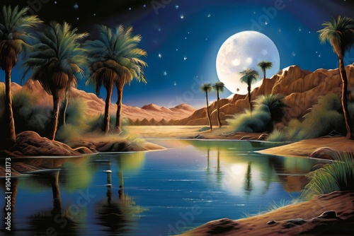 desert oasis with twin moons a peaceful oasis with palm trees an photo