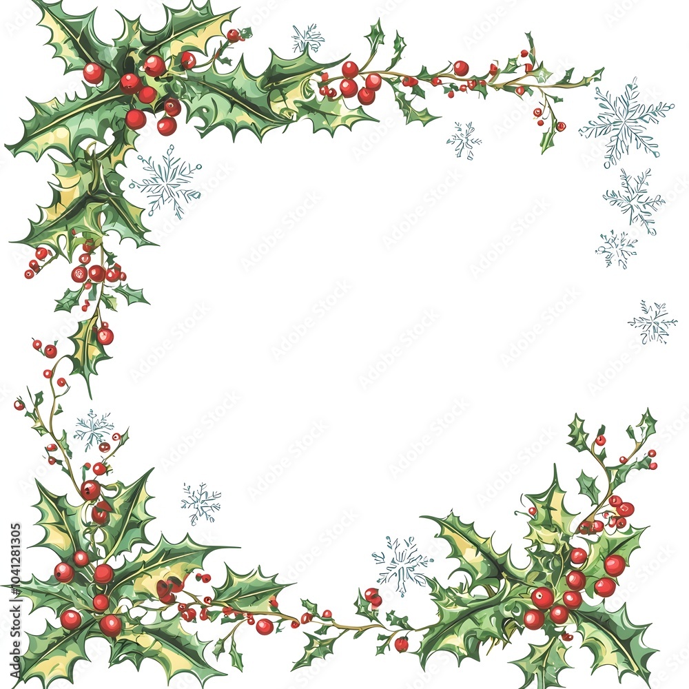 Sparkling Christmas themed frame with holly berries and snowflakes on white background Sparkling Christmas themed frame with holly berries and snowflakes on white background