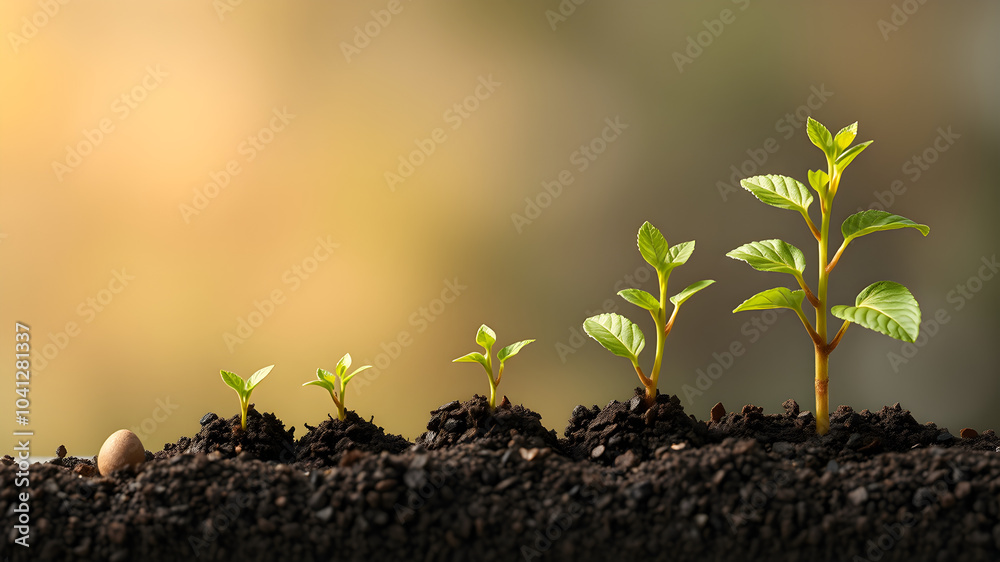 A sequence of seedlings growing in soil, from a small sprout to a larger plant, representing the stages of growth and development