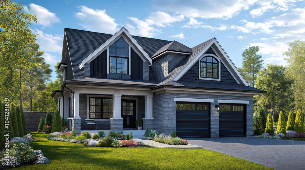 Stunning new home exterior with two-car garage and covered porch on a glorious sunny day. A perfect blend of modern architecture and natural beauty Stunning new home exterior with two-car garage and covered porch on a glorious sunny day. A perfect blend of modern architecture and natural beauty