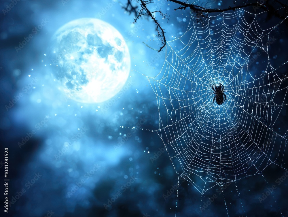Naklejka premium Spider web glistens under a full moon, shrouded in mist, creating an enchanting night scene.