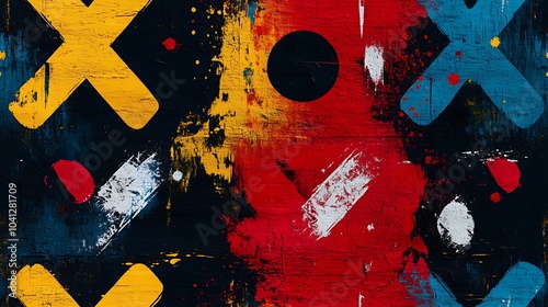 Abstract pattern of X's and O's, bold colors with splashes of paint, dark background, expressive strokes, dynamic composition, modern art style, hd quality, textured look. --ar 16:9 --tile