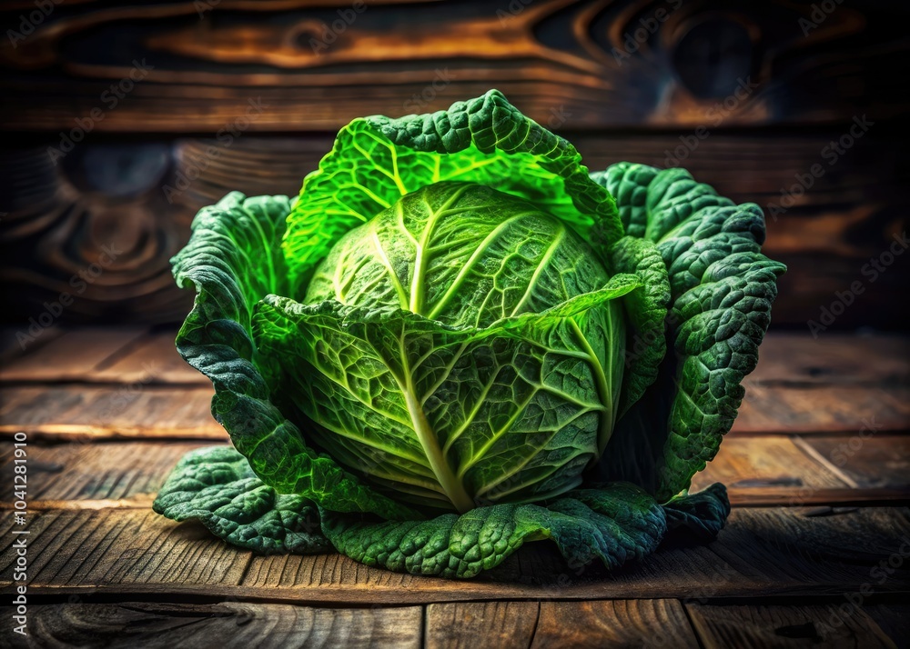 Fototapeta premium Fresh Green Cabbage on Wooden Table - Long Exposure Photography for Organic Food Lovers