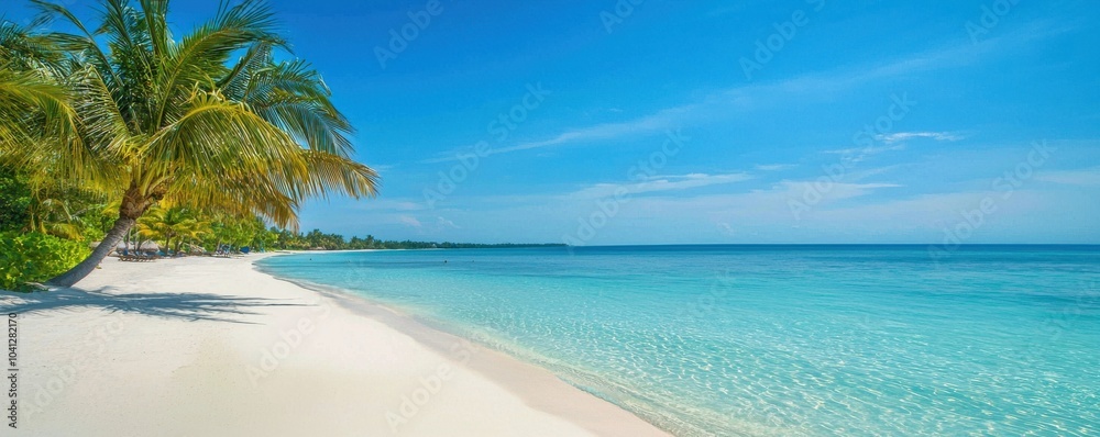 Fototapeta premium Tropical beach with white sand, clear blue water, and lush palm trees under a sunny sky.