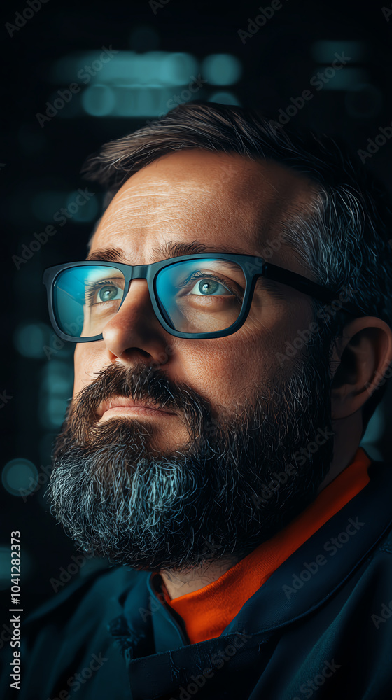 Contemplative portrait of a bearded man with glasses in a dimly lit environment reflecting thoughtfulness and depth