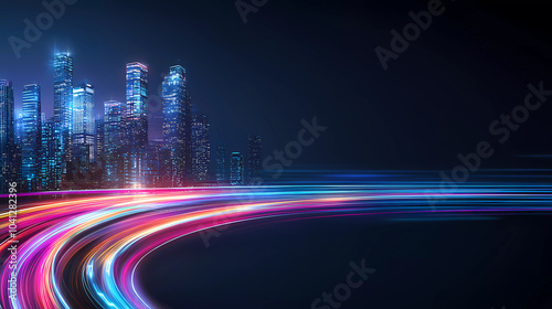 Futuristic skyline with vibrant neon streaks and illuminated buildings, showcasing dynamic urban landscape at night. scene evokes sense of excitement and innovation
