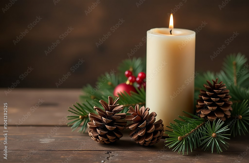Christmas still life with burning candle and fir tree branches on wooden background