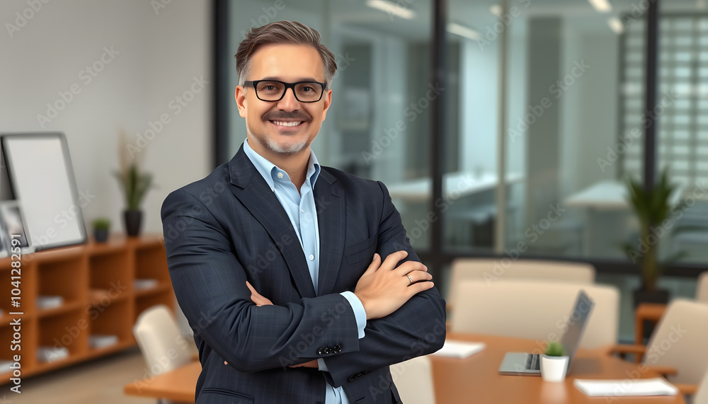 Fototapeta premium Psychological education. Successful business coach giving personal growth training, posing with crossed arms at office isolated with white highlights, png