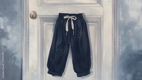 A minimalist photograph showcasing a pair of black pants hanging from a simple wall hook against a plain monochrome background highlighting the elegance and simplicity of the design