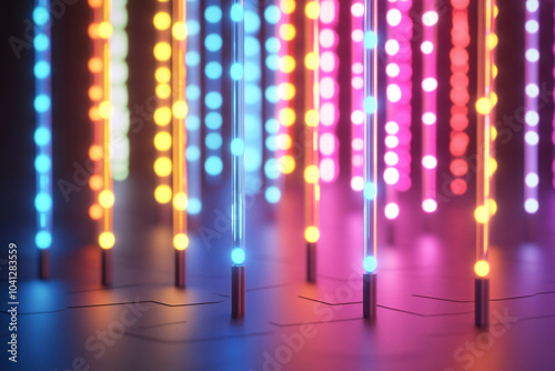 Vertical LED light poles arranged in an array emit colorful glow with pink blue and orange hues creating a lively ambiance
 photo