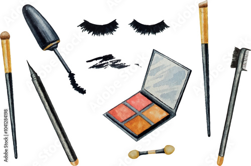 Vector eye cosmetics set. Eye shadow mascara brushes eyelashes eyeliner, isolated on white background. Hand drawn watercolor illustration, for your design