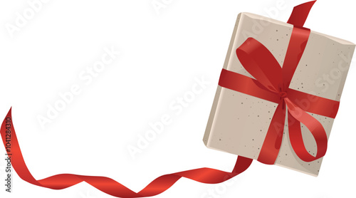 A box with a gift in kraft wrapping and a red ribbon