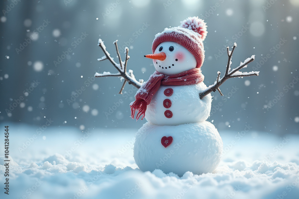Fototapeta premium Snowman in red hat and scarf standing in snow