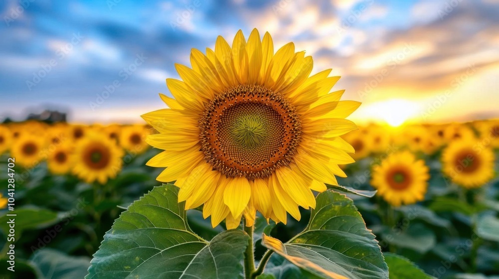 Fototapeta premium A photostock of a sunflower field stretching toward the horizon, captured at sunrise. Nikon camera, 50mm lens, f/2.8 aperture, 1/160 shutter speed, focused on the closest sunflowers