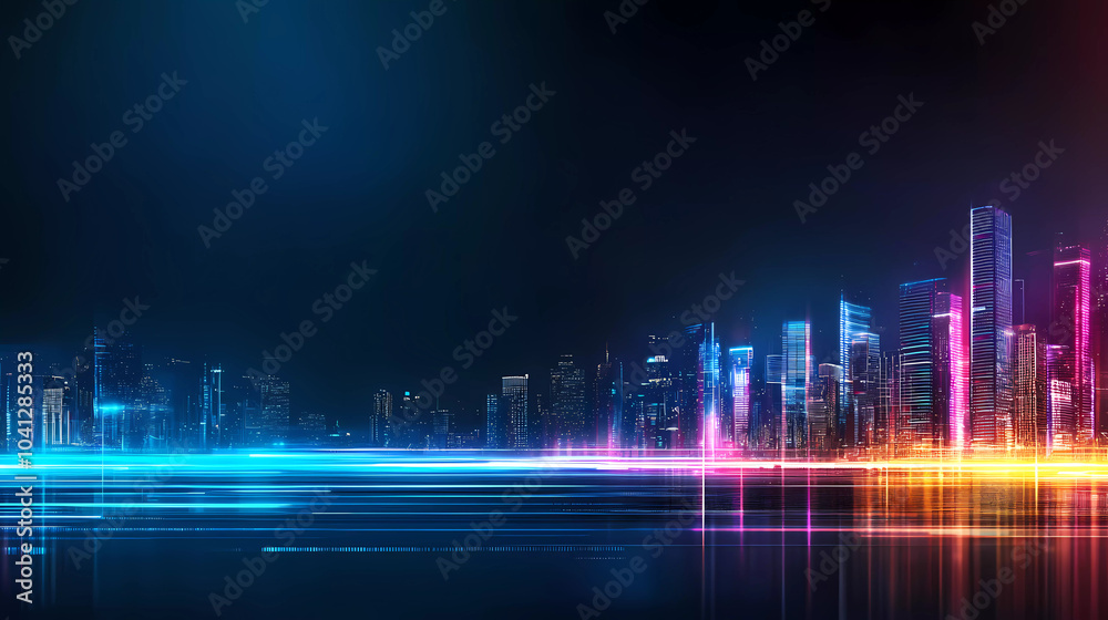 Fototapeta premium vibrant nighttime metropolis with radiant windows and colorful lights creates stunning urban landscape. glowing skyline reflects sense of energy and modernity, perfect for digital advertising