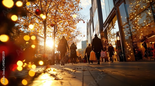 Christmas Background, Crowd walking in city street during sunset with warm lights and autumn leaves. photo