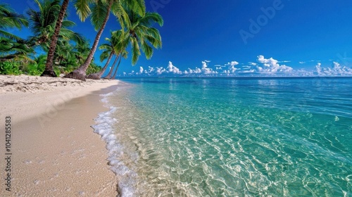 A photostock of a tropical beach with palm trees lining the shore, under clear skies. Nikon camera, 24mm lens, f/8 aperture, 1/250 shutter speed, focused on the waves meeting the sand