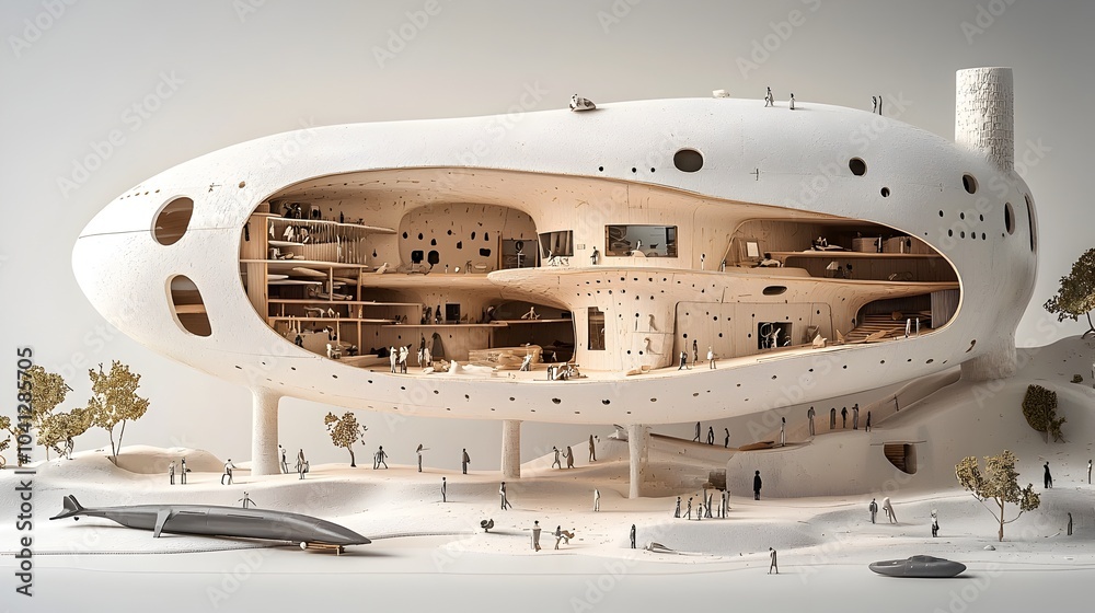 A detailed cross sectional showcasing the varied exhibition spaces and hidden storage areas within a museum A detailed cross sectional showcasing the varied exhibition spaces and hidden storage areas within a museum