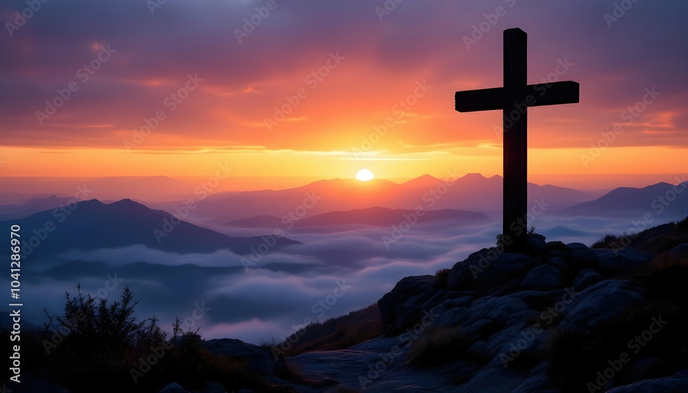 Silhouette of a Cross at Sunrise on a Mountain Silhouette of a Cross at Sunrise on a Mountain