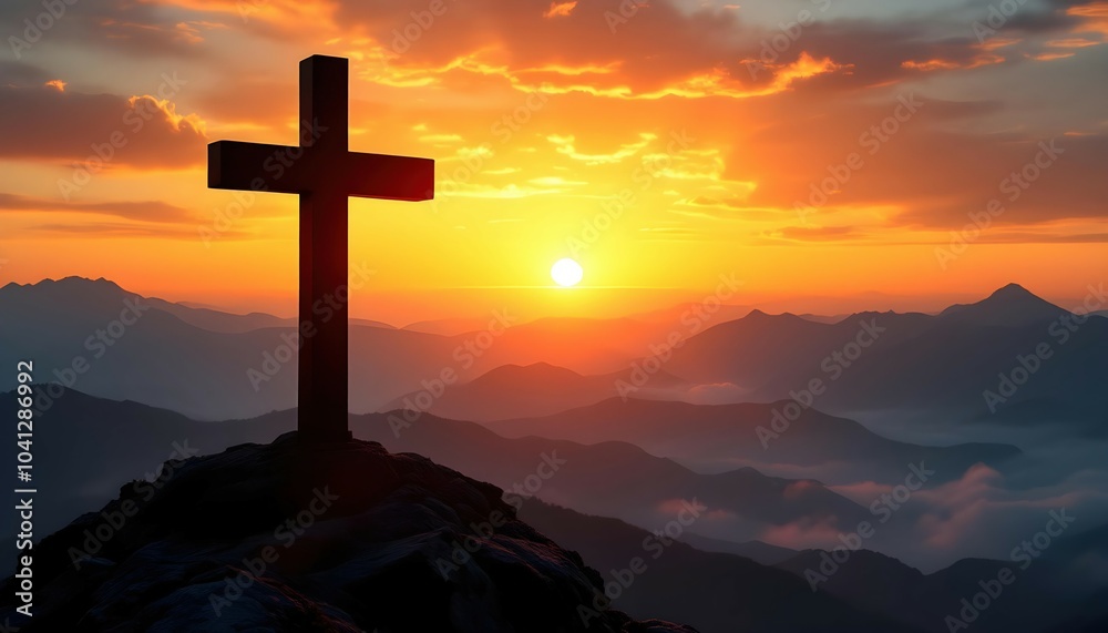 Silhouette of a Cross at Sunrise on a Mountain Silhouette of a Cross at Sunrise on a Mountain