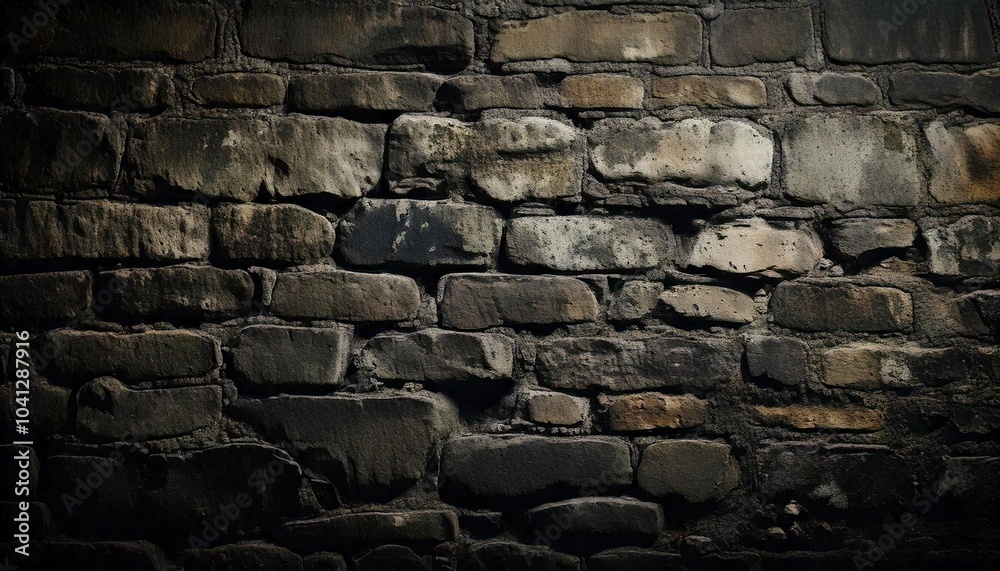 Aged grunge stone wall background. Stonewall made of old textured granite boulders. Wallpaper with weathered rocks masonry brickwork.	