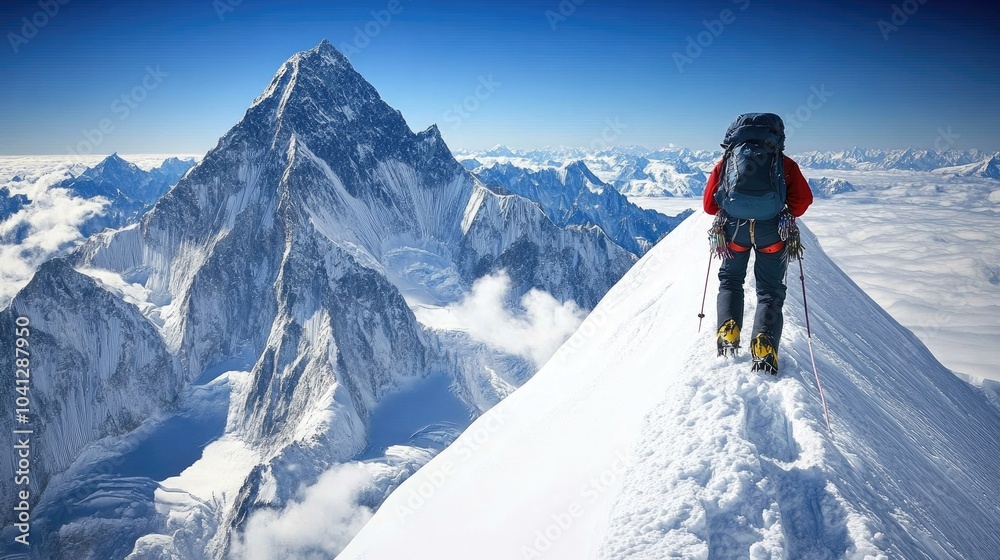 Climber Scaling Snow-Covered Mountain Peak