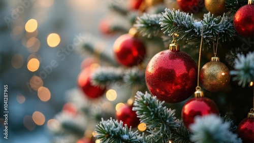 Festive Inspiration: Snow-Covered Christmas Tree with Red and Gold Ornaments